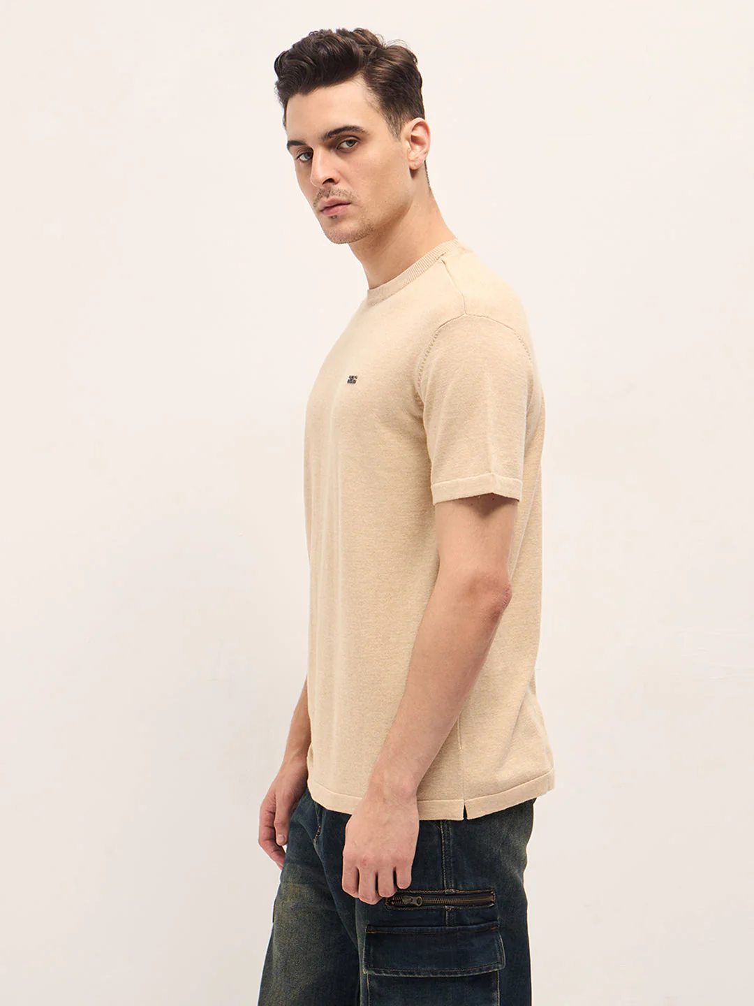 Men Beige Solid Regular Fit Ribbed Crew Neck T-shirt - Image 3