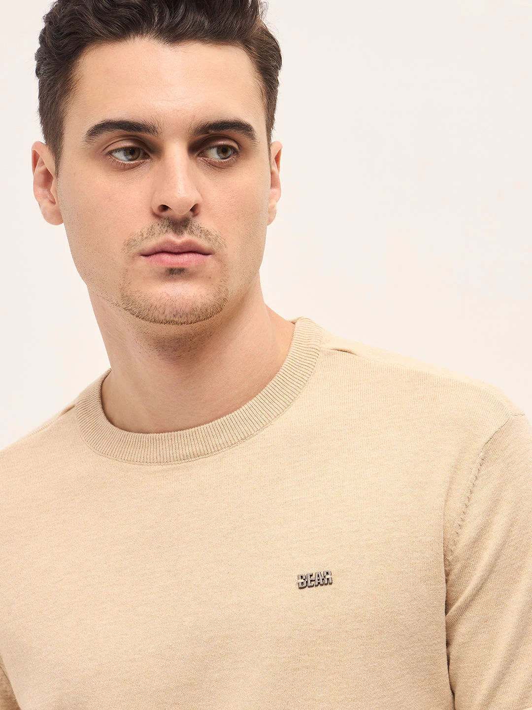 Men Beige Solid Regular Fit Ribbed Crew Neck T-shirt - Image 5