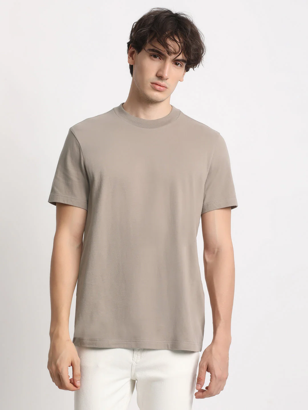 Men Beige Solid Regular Fit Round Neck T Shirt | The Bear House - Image 2