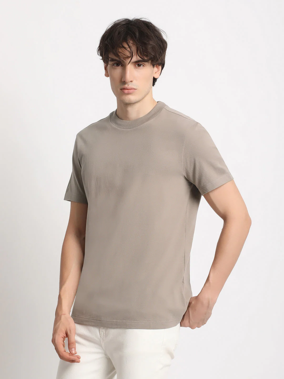 Men Beige Solid Regular Fit Round Neck T Shirt | The Bear House - Image 3
