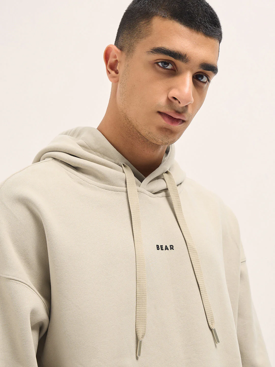 Men Beige Solid Relax Fit Hoodie - Image 5