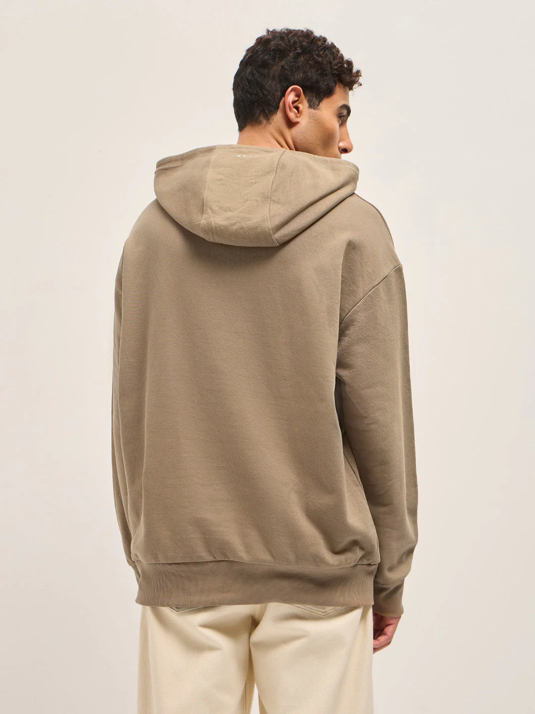 Men Beige Solid Relax Fit Hoodie - Image 2