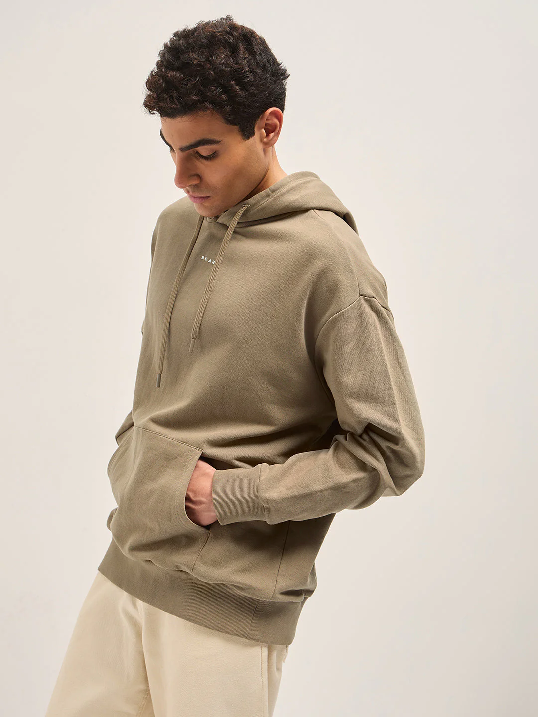 Men Beige Solid Relax Fit Hoodie - Image 3