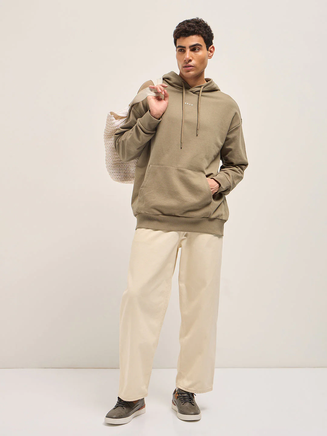 Men Beige Solid Relax Fit Hoodie - Image 4
