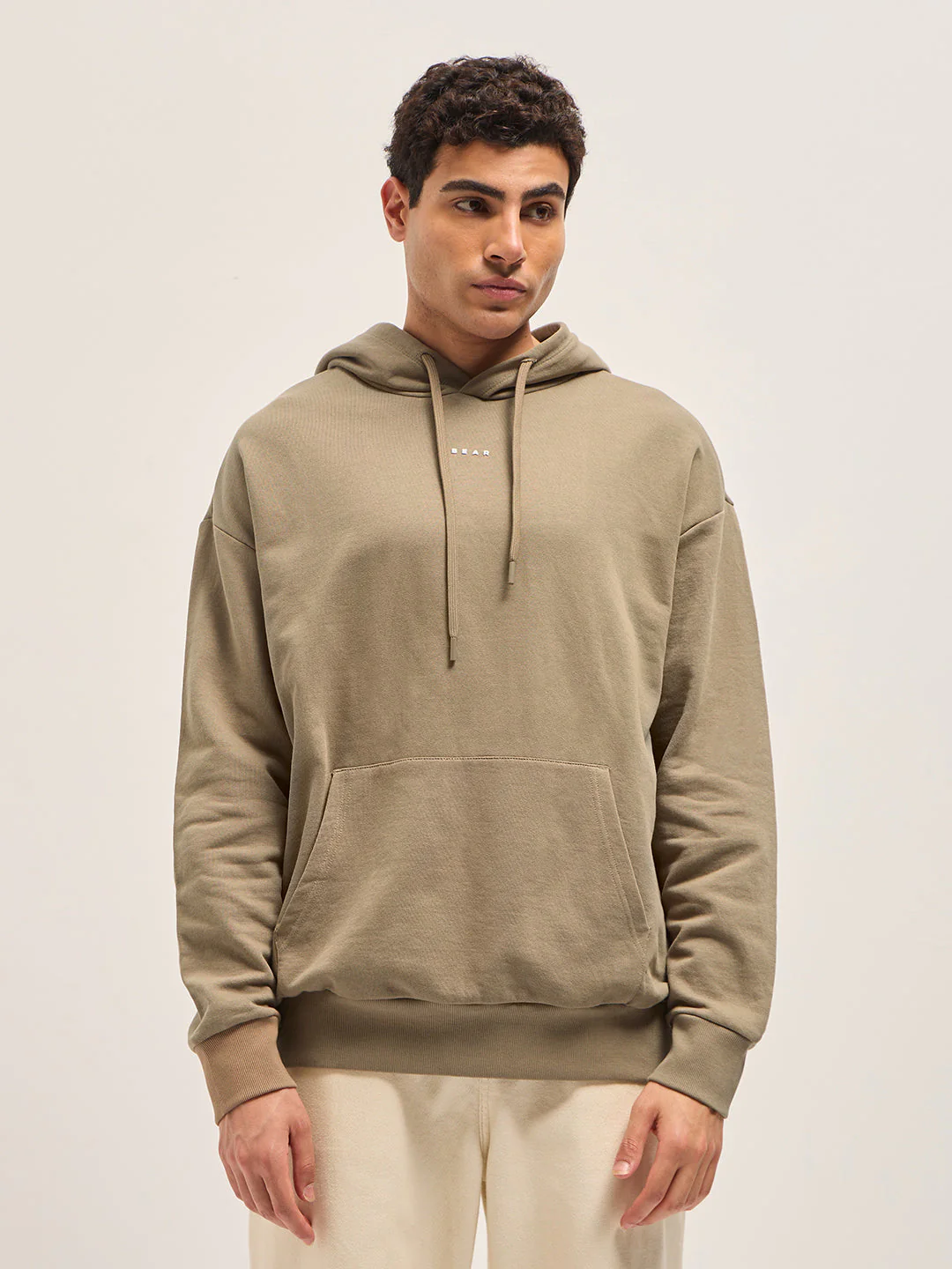 Men Beige Solid Relax Fit Hoodie - Image 6