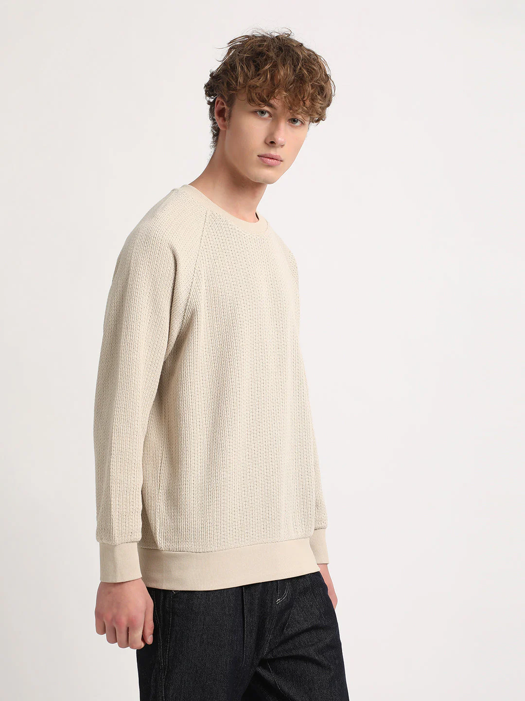 Men Beige Solid Relaxed Fit Sweatshirt - Image 3