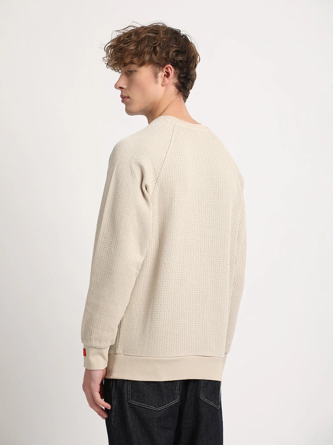 Men Beige Solid Relaxed Fit Sweatshirt - Image 4
