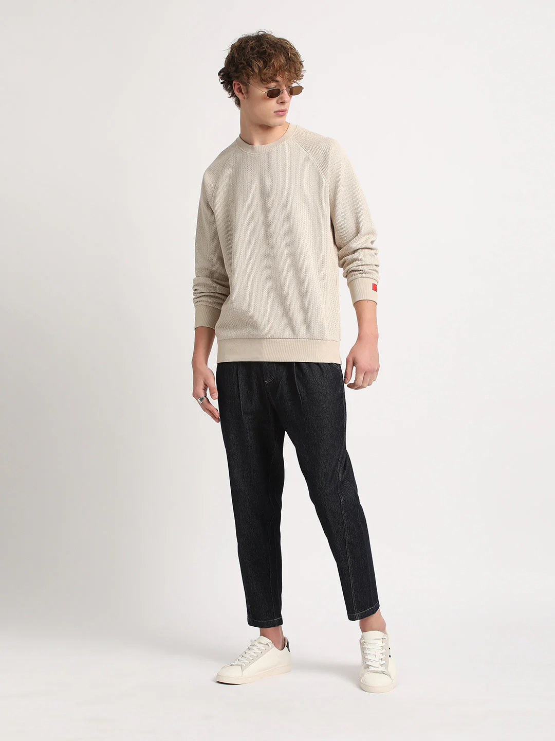 Men Beige Solid Relaxed Fit Sweatshirt - Image 5