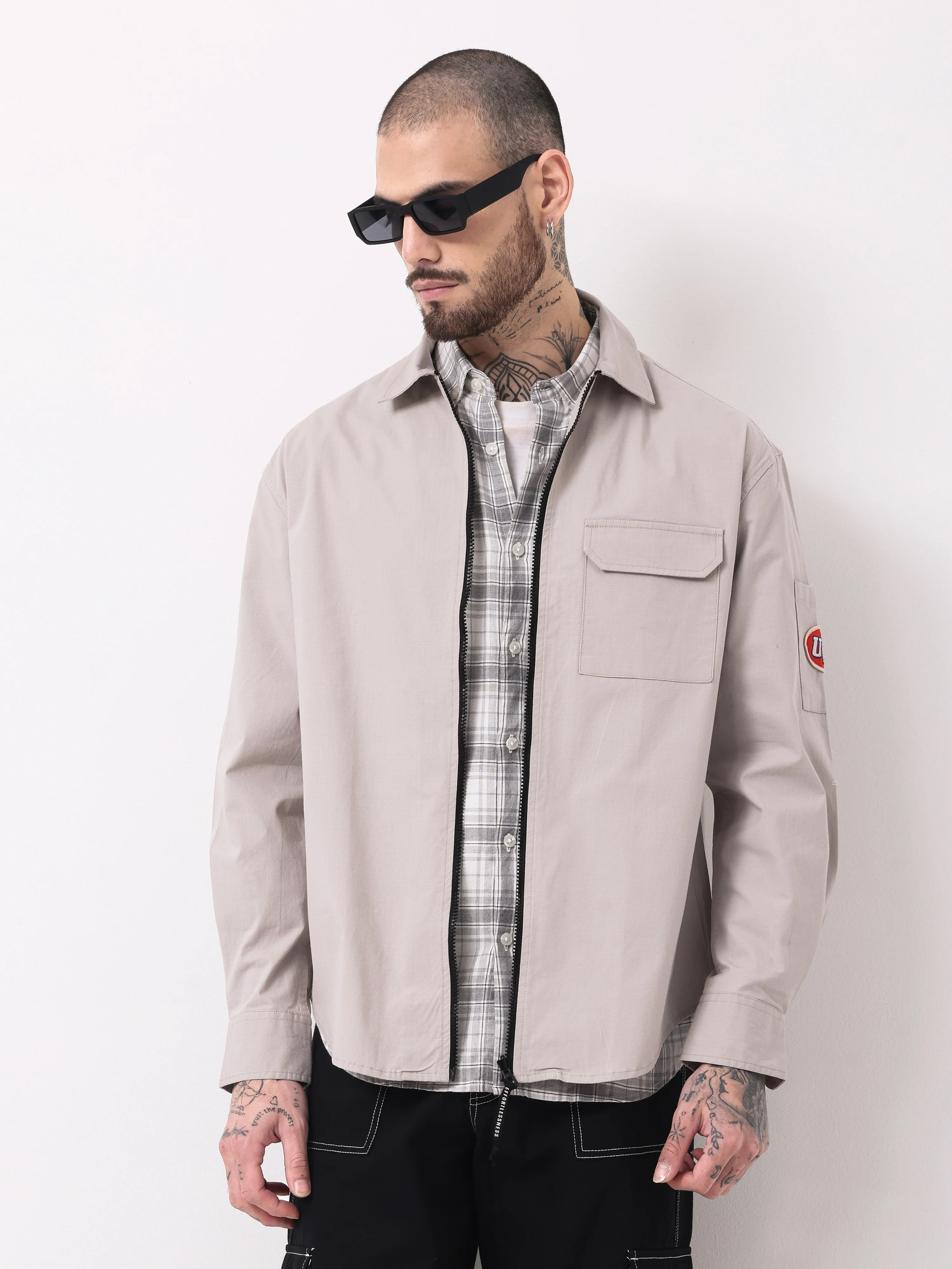 Men Beige Solid Shacket