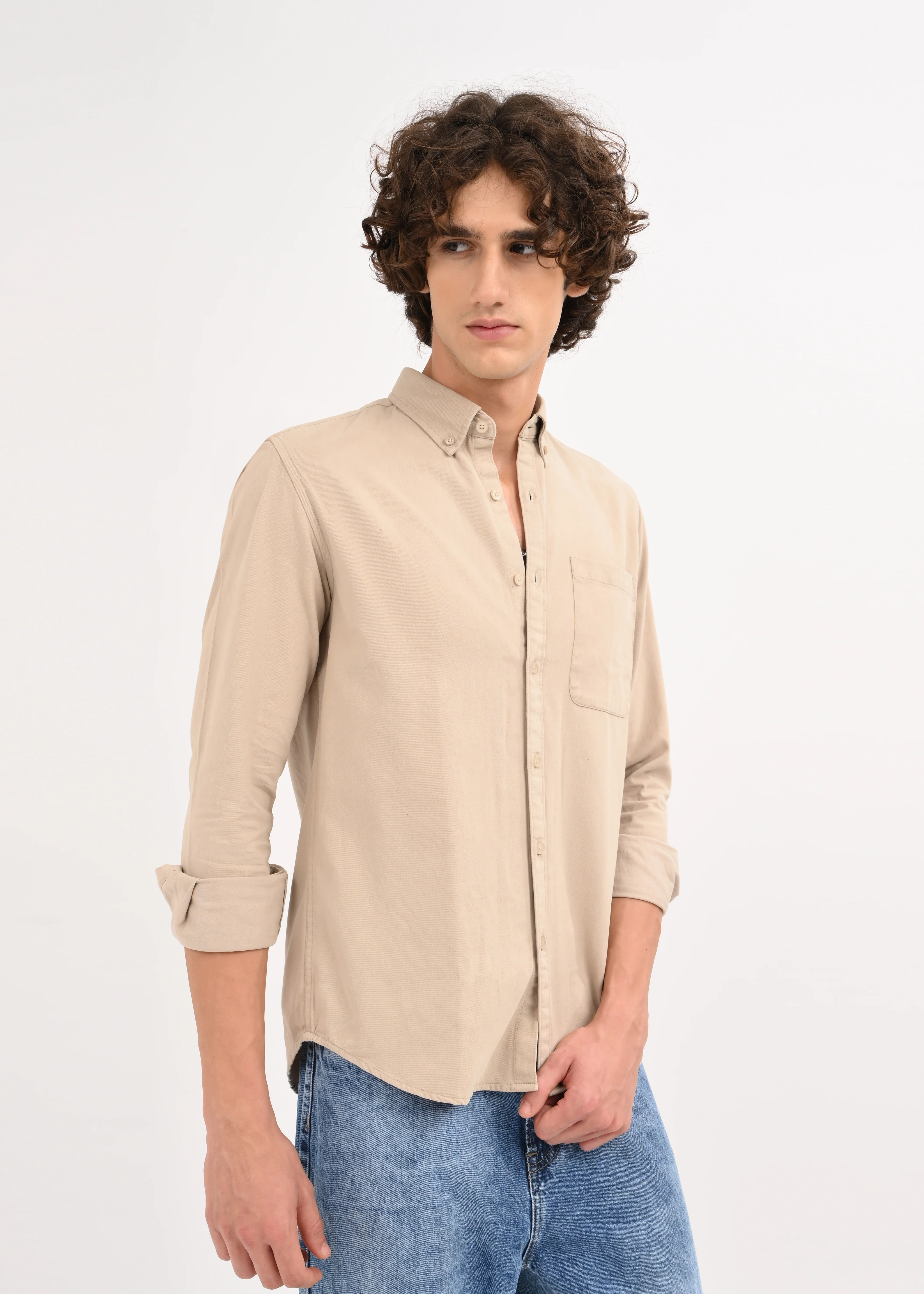 Men Beige Solid Shirt - Image 2