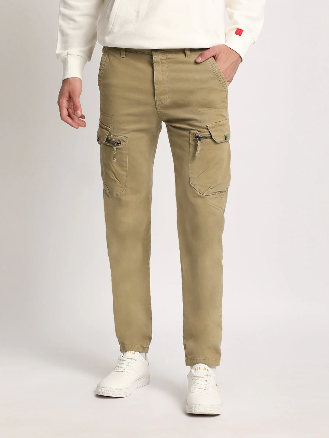 Men Beige Solid Slim Fit Cargo - Image 2