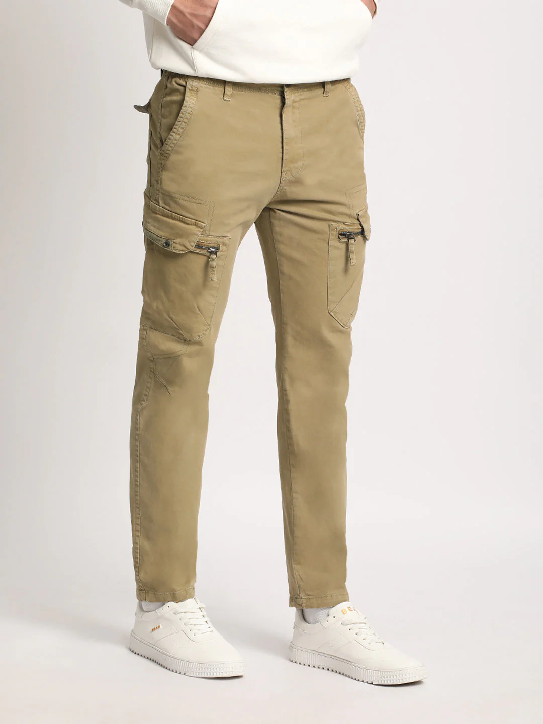 Men Beige Solid Slim Fit Cargo - Image 3
