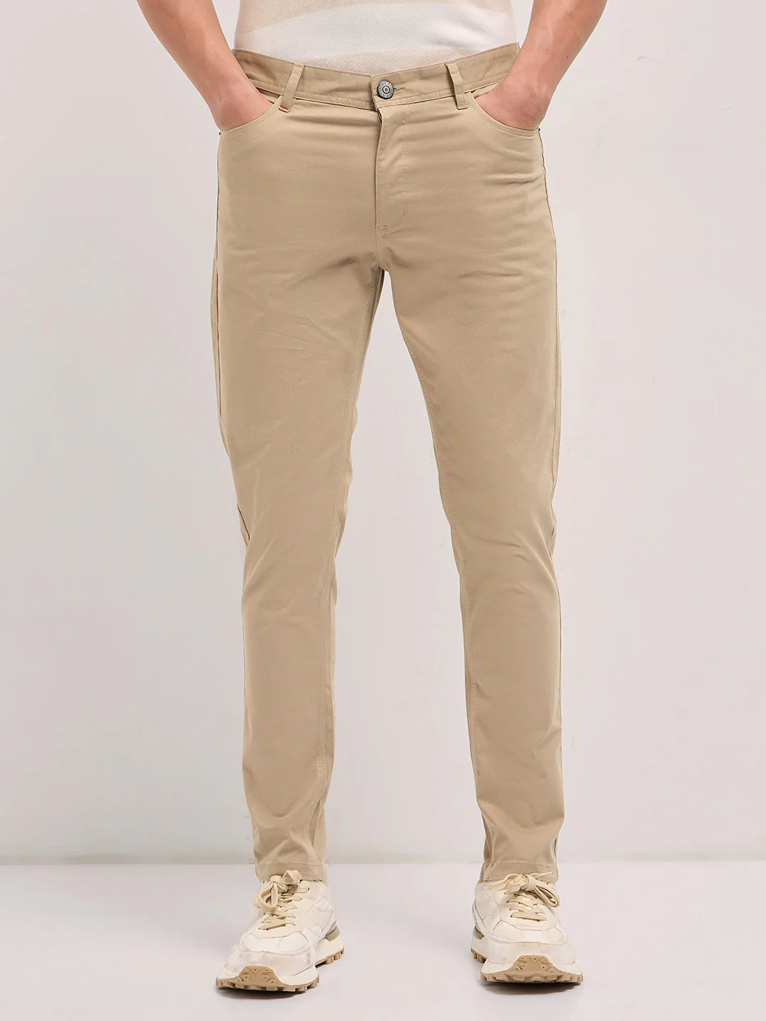 Men Beige Solid Slim Fit Casual Chino Trouser - Image 7