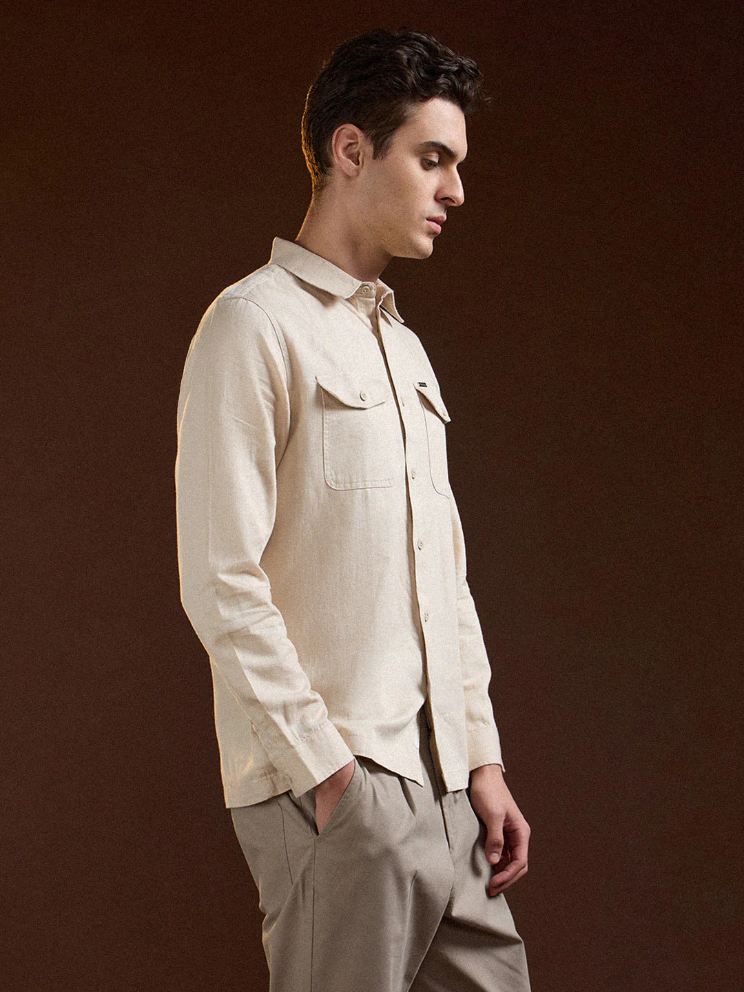 Men Beige Solid Slim Fit Casual Shirt - Image 3