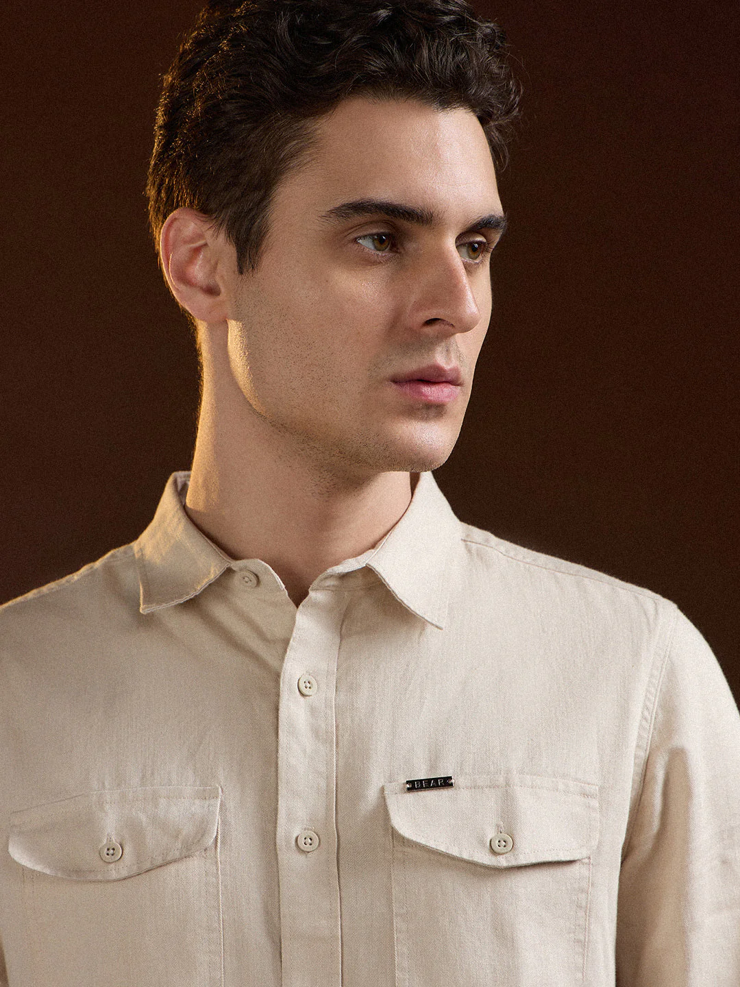 Men Beige Solid Slim Fit Casual Shirt - Image 5