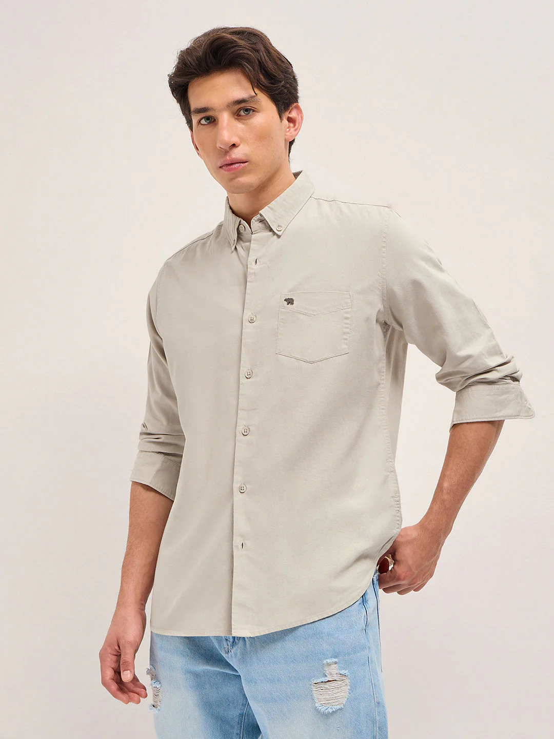 Men Beige Solid Slim Fit Casual Shirt - Image 6