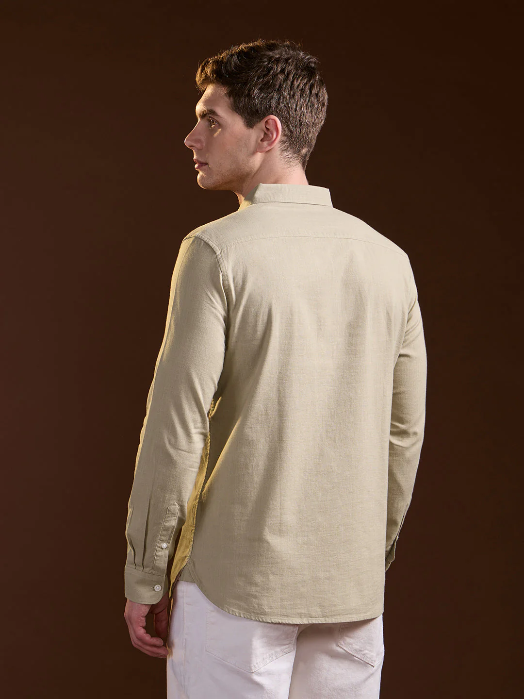 Men Beige Solid Slim Fit Cotton Casual Shirt - Image 2