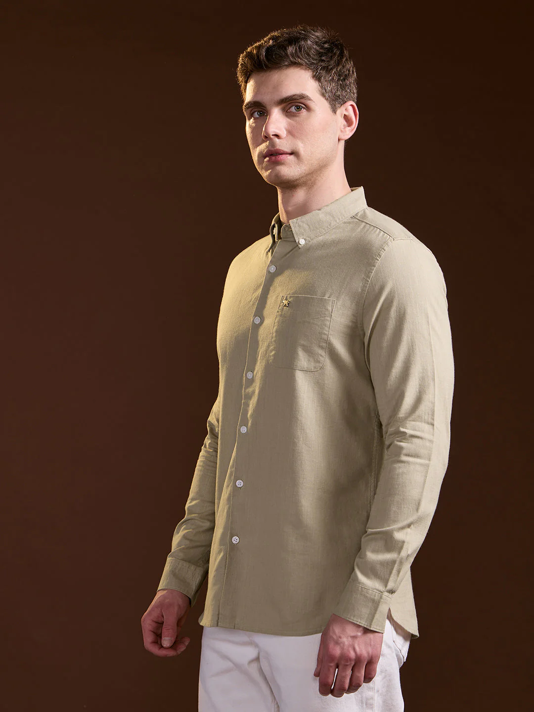 Men Beige Solid Slim Fit Cotton Casual Shirt - Image 3