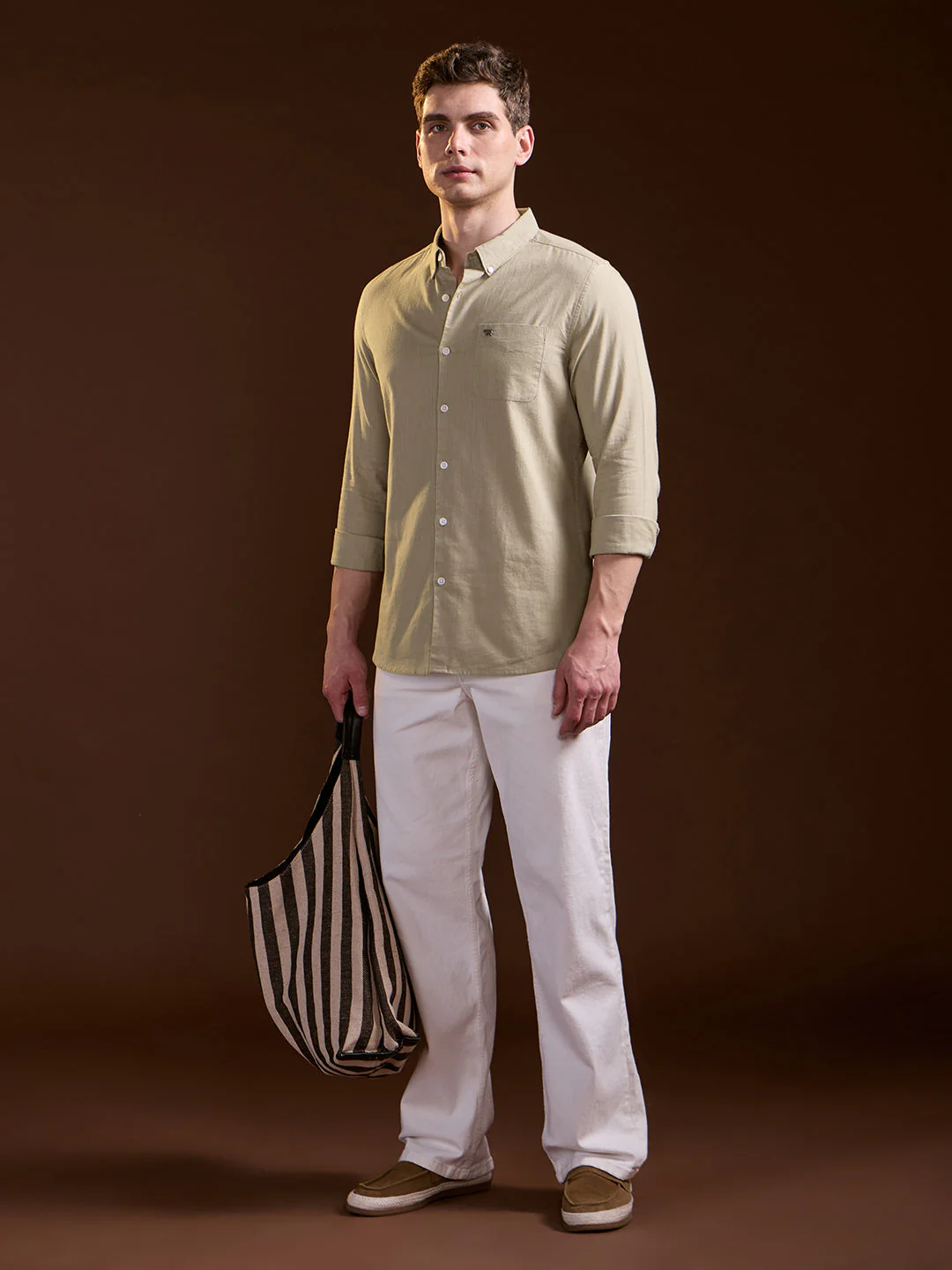 Men Beige Solid Slim Fit Cotton Casual Shirt - Image 4