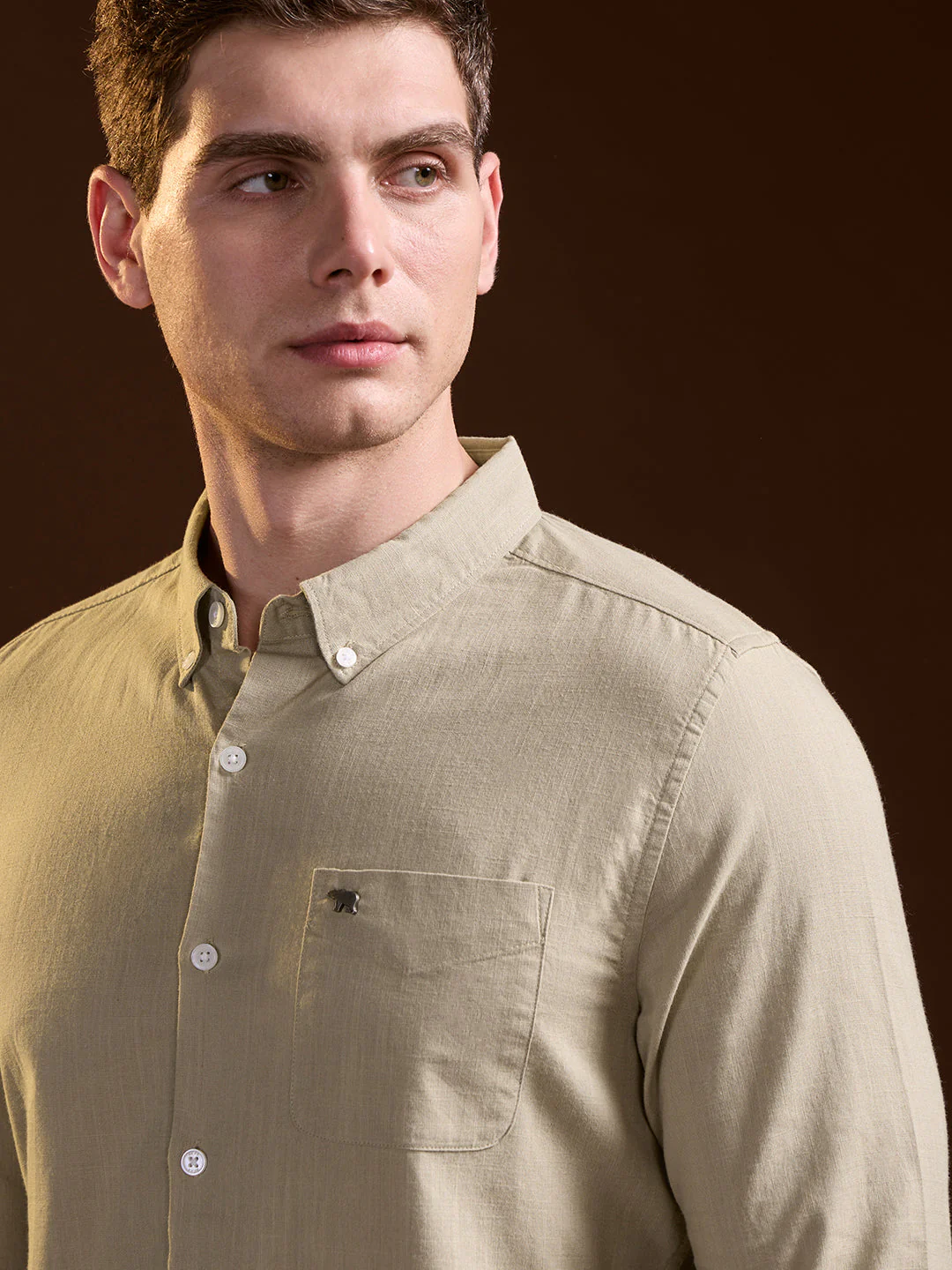 Men Beige Solid Slim Fit Cotton Casual Shirt - Image 5