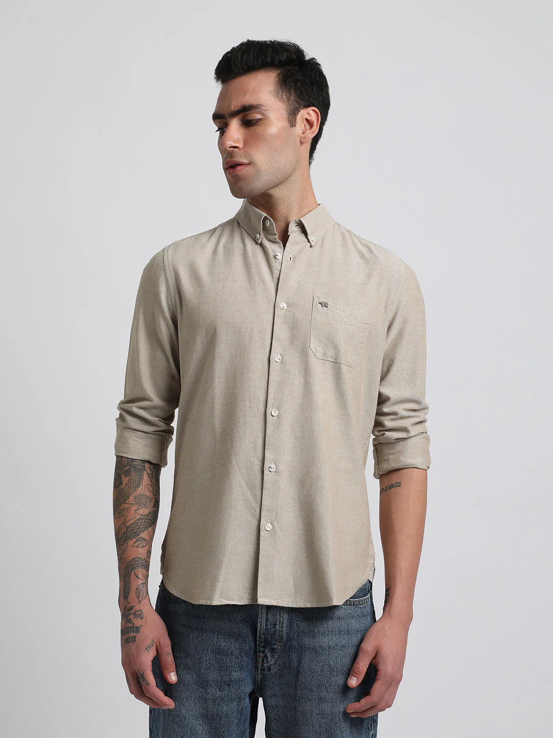 Men Beige Solid Slim Fit Cotton Casual Shirt - Image 2