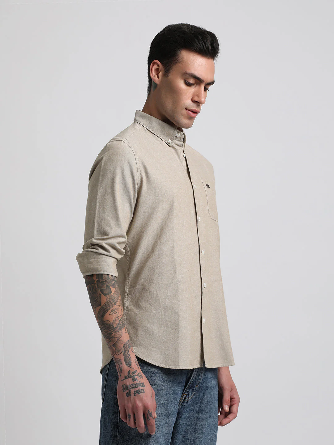 Men Beige Solid Slim Fit Cotton Casual Shirt - Image 3