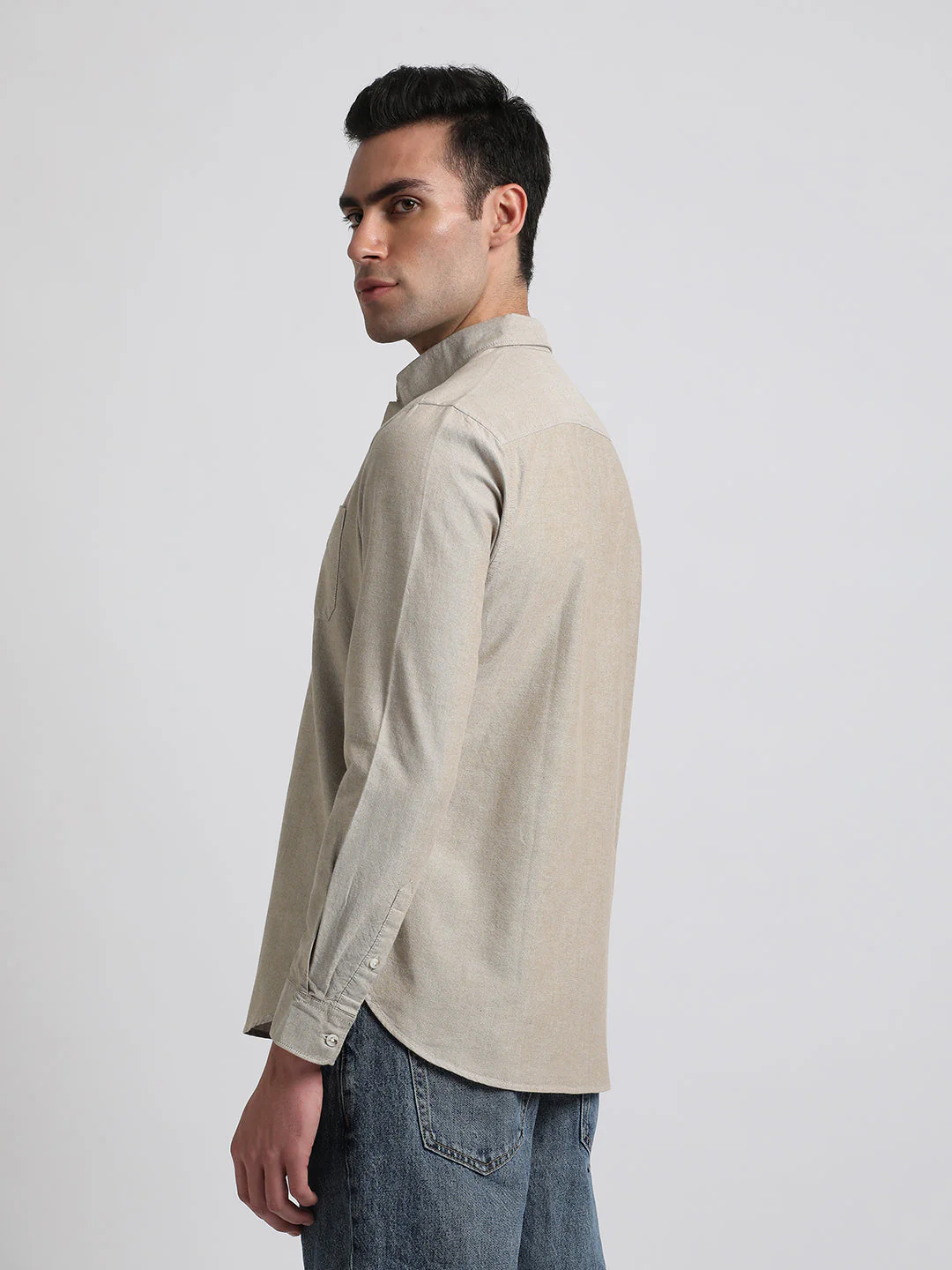 Men Beige Solid Slim Fit Cotton Casual Shirt - Image 4