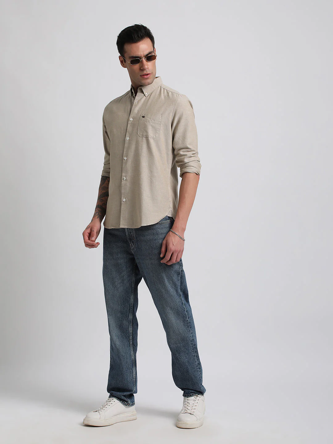 Men Beige Solid Slim Fit Cotton Casual Shirt - Image 5