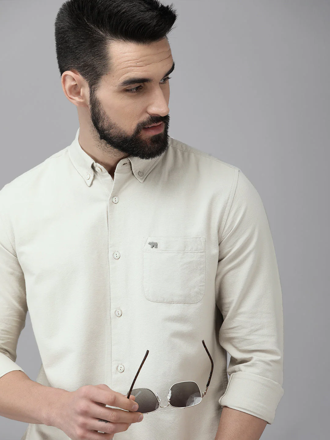 Men Beige Solid Slim Fit Cotton Shirt - Image 5