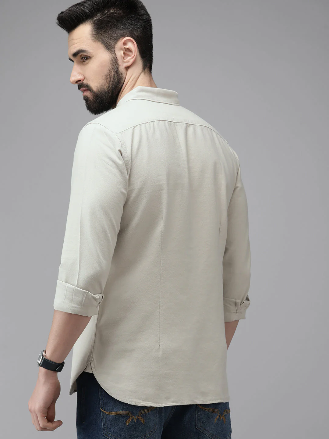Men Beige Solid Slim Fit Cotton Shirt - Image 6