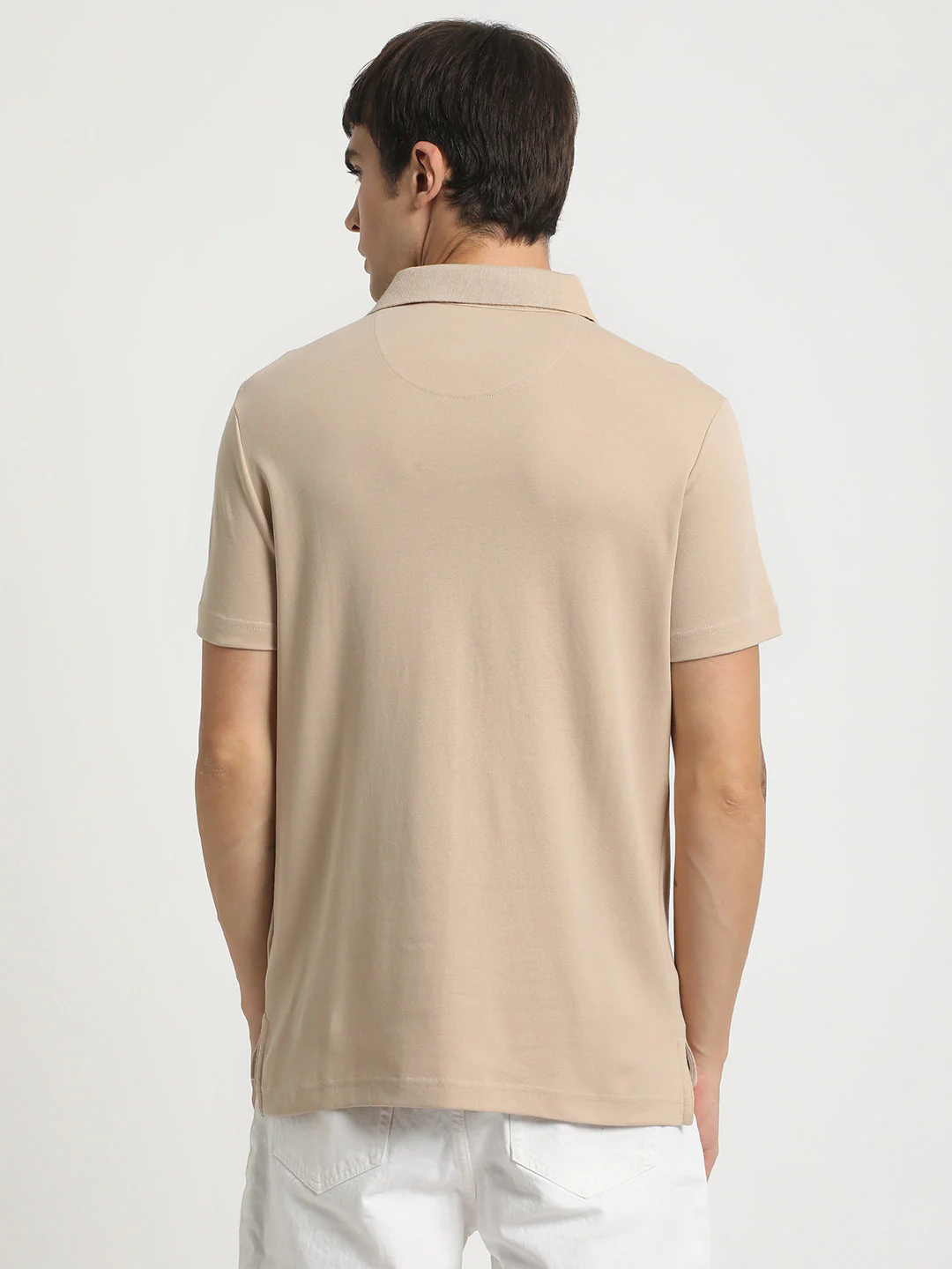 Men Beige Solid Slim Fit Polo Collar T-shirt - Image 4