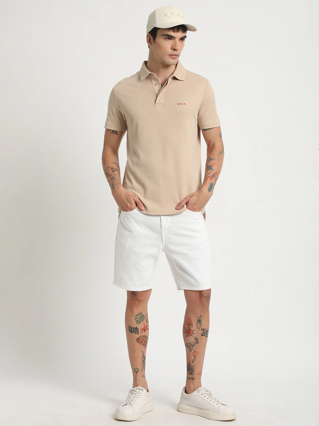 Men Beige Solid Slim Fit Polo Collar T-shirt - Image 5