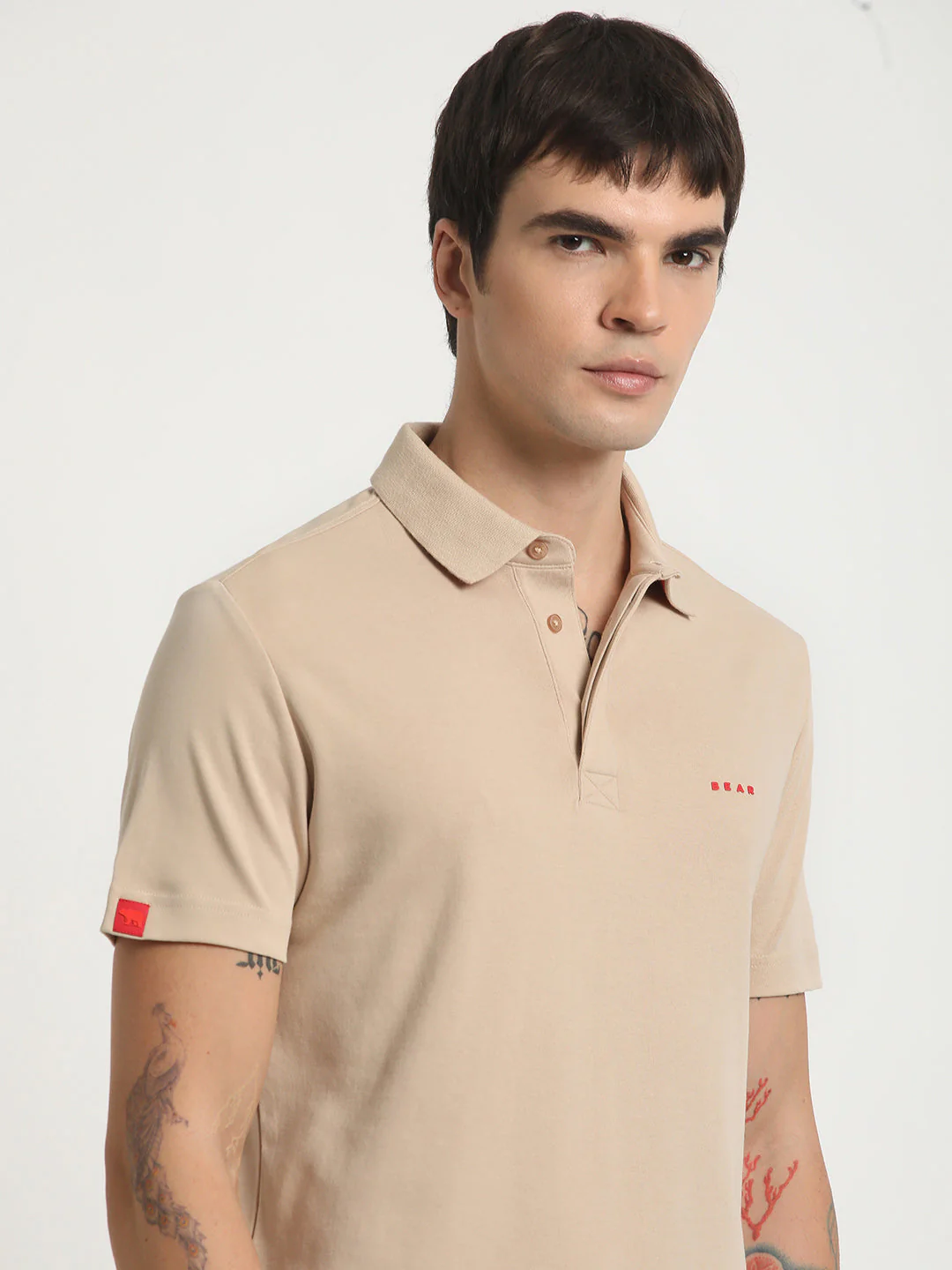 Men Beige Solid Slim Fit Polo Collar T-shirt - Image 6