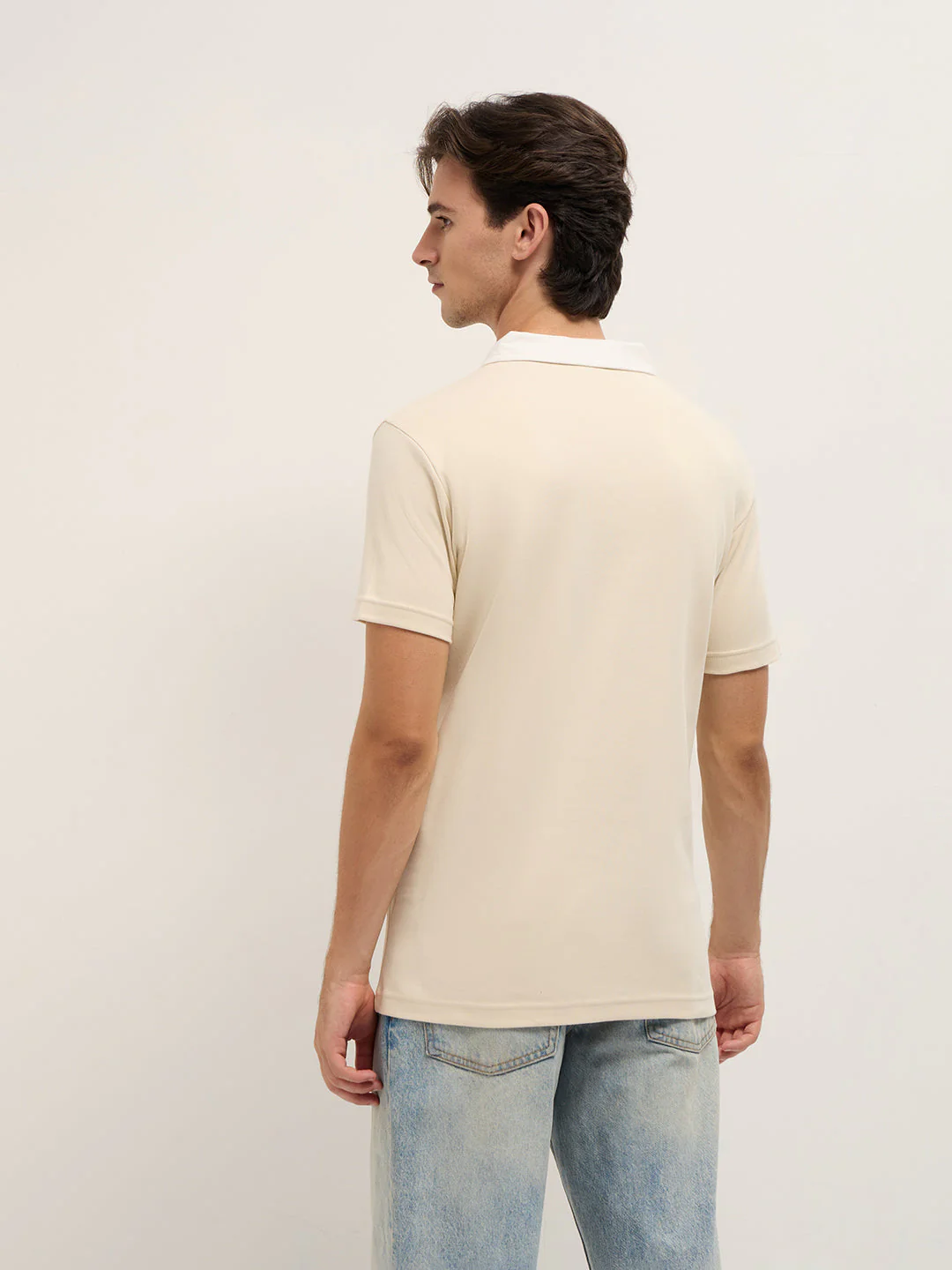 Men Beige Solid Slim Fit Polo - Image 2