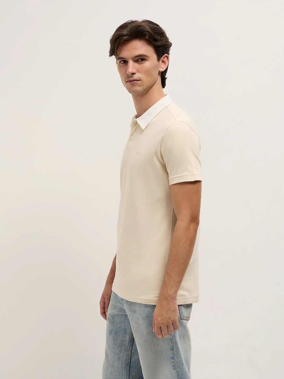 Men Beige Solid Slim Fit Polo - Image 3