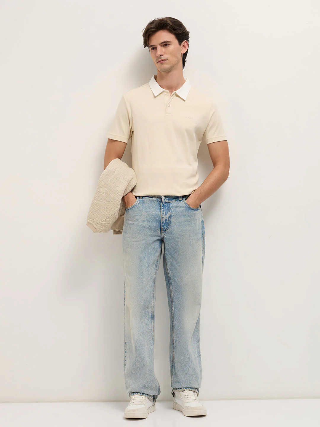 Men Beige Solid Slim Fit Polo - Image 4
