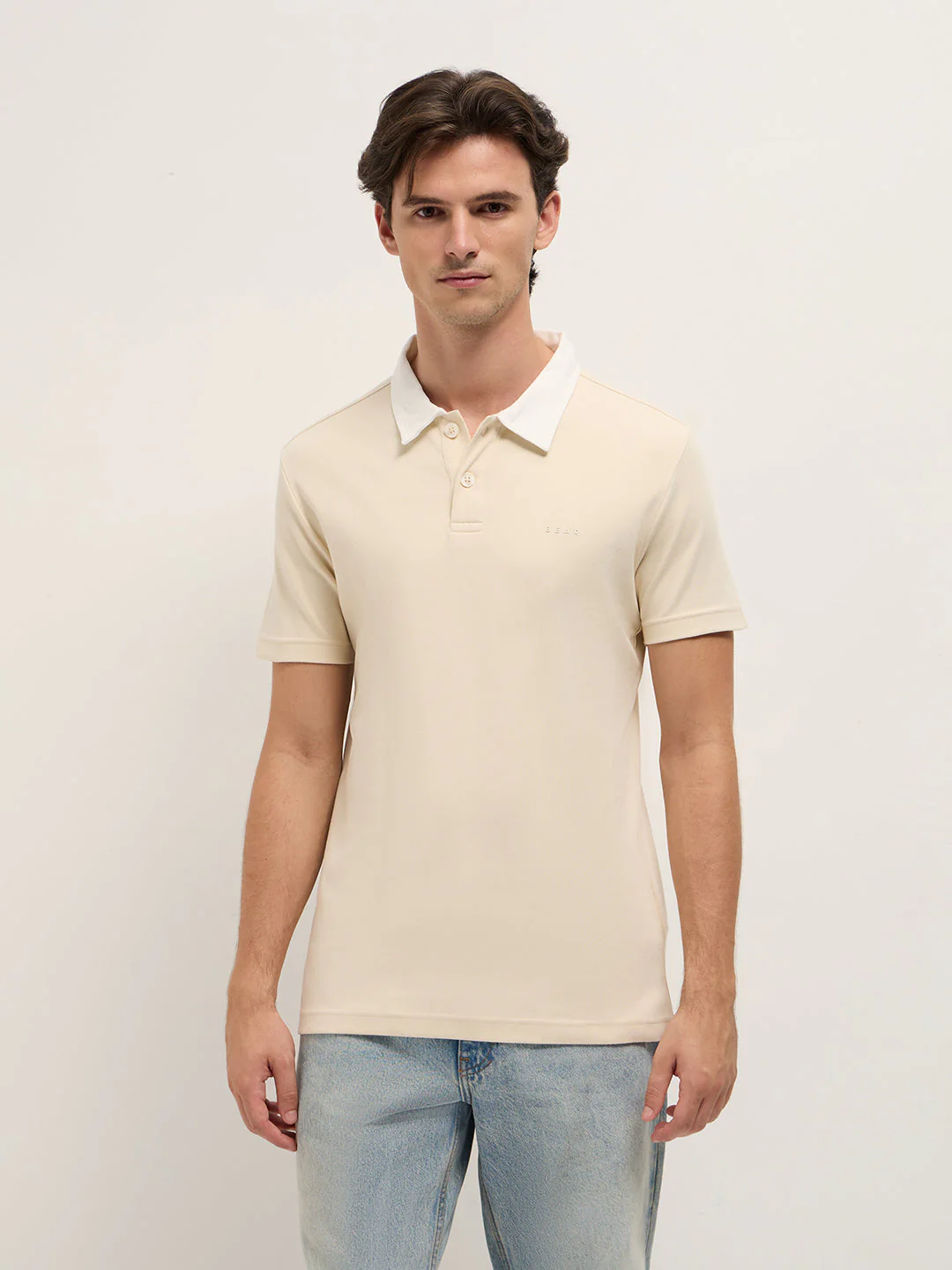 Men Beige Solid Slim Fit Polo - Image 6