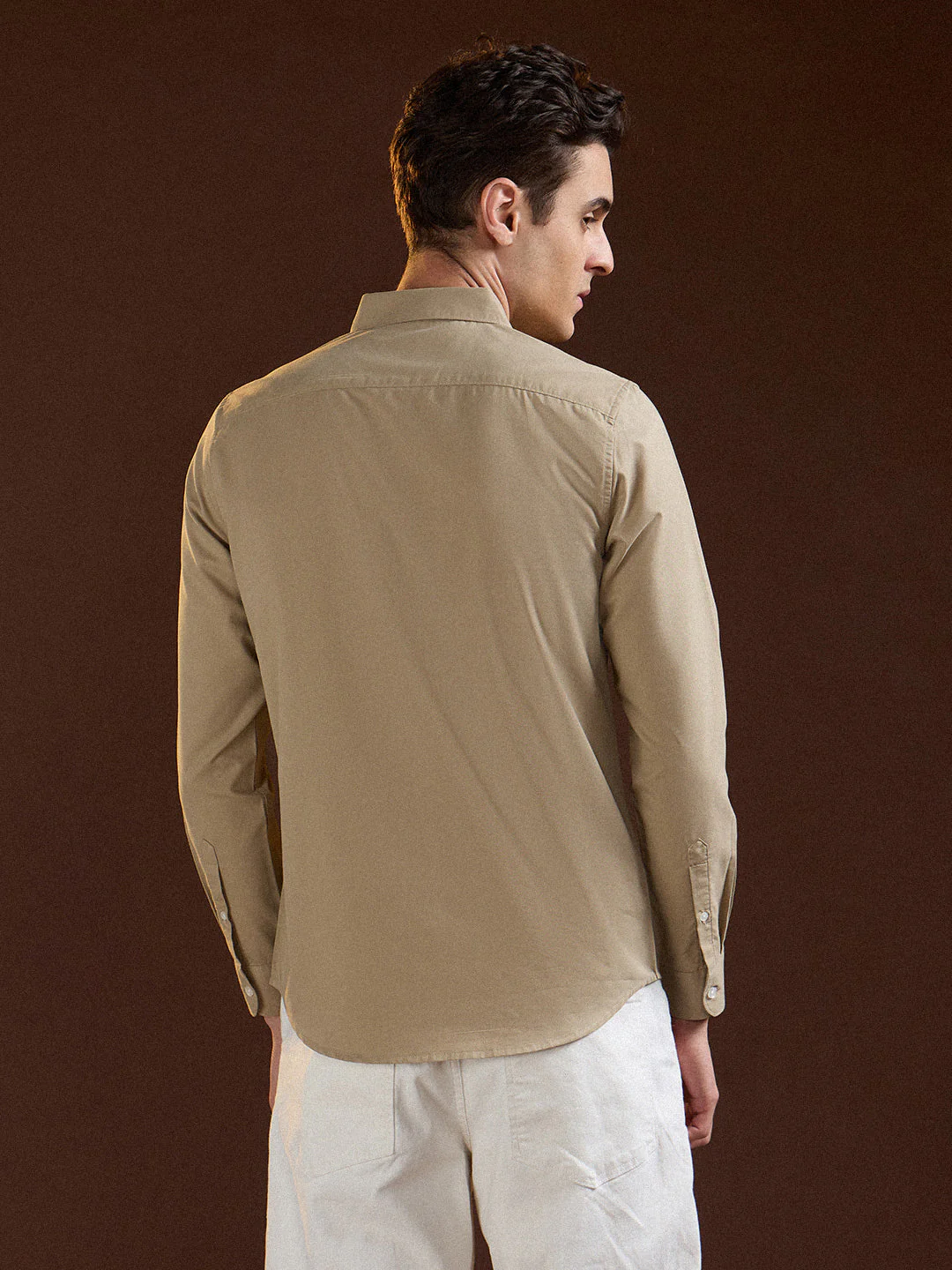 Men Beige Solid Slim Fit Polyester Casual Shirt - Image 2