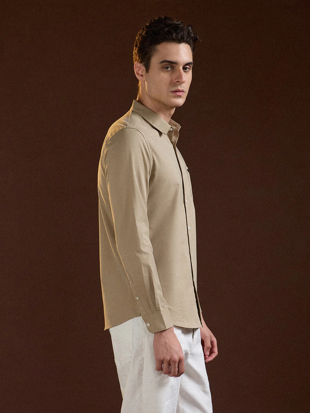 Men Beige Solid Slim Fit Polyester Casual Shirt - Image 3