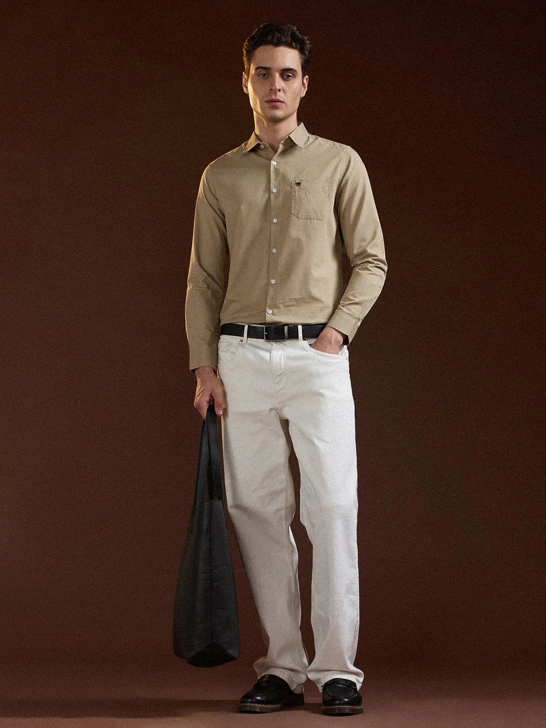 Men Beige Solid Slim Fit Polyester Casual Shirt - Image 4
