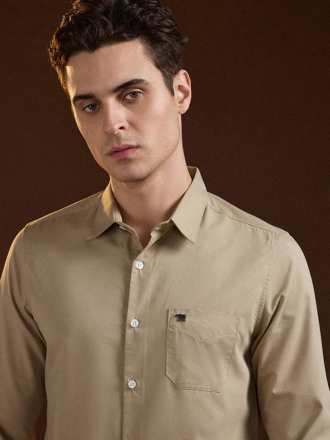 Men Beige Solid Slim Fit Polyester Casual Shirt - Image 5