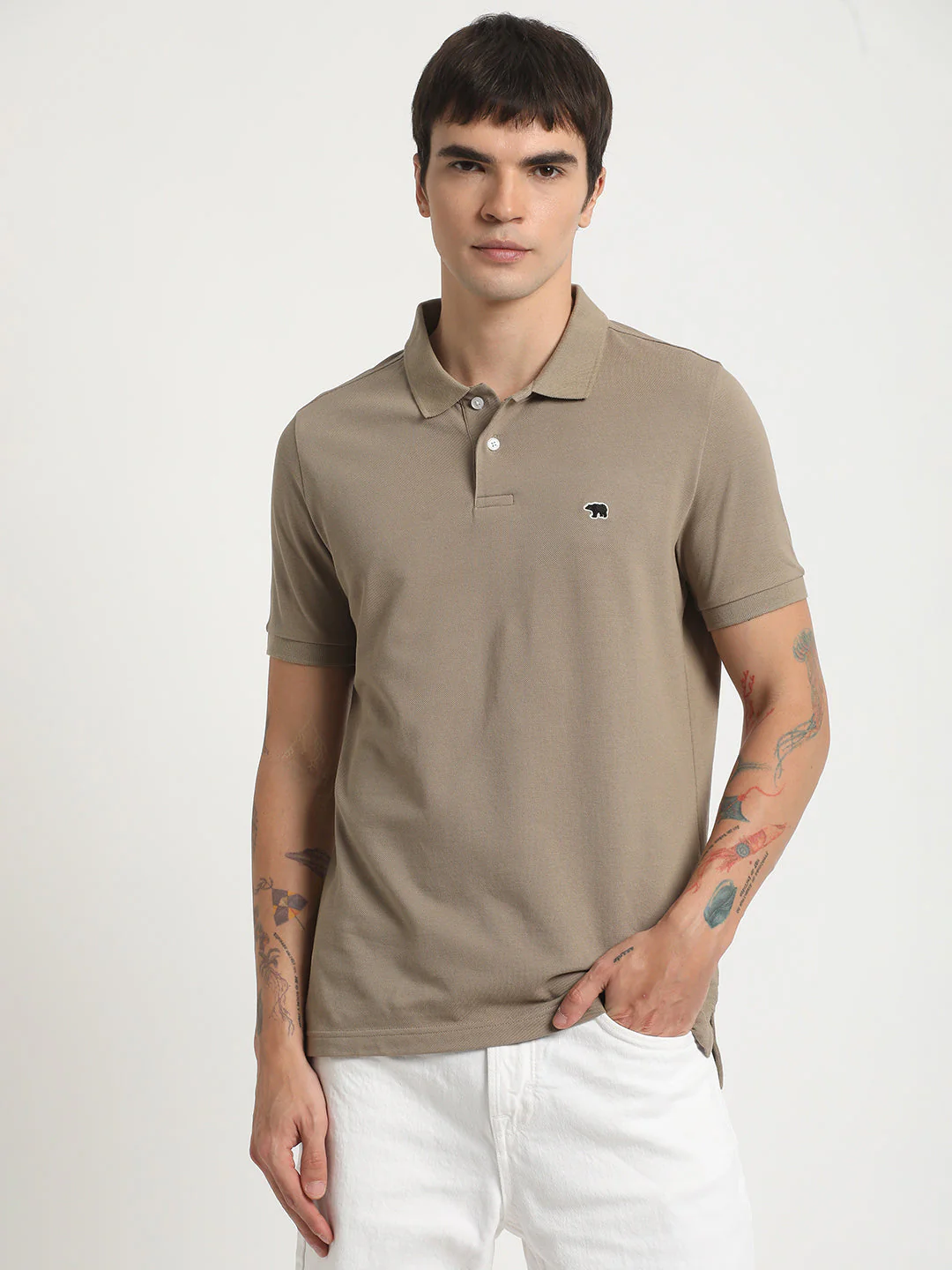 Men Beige Solid Slim Fit Pure Cotton Polo Collar T-shirt - Image 2