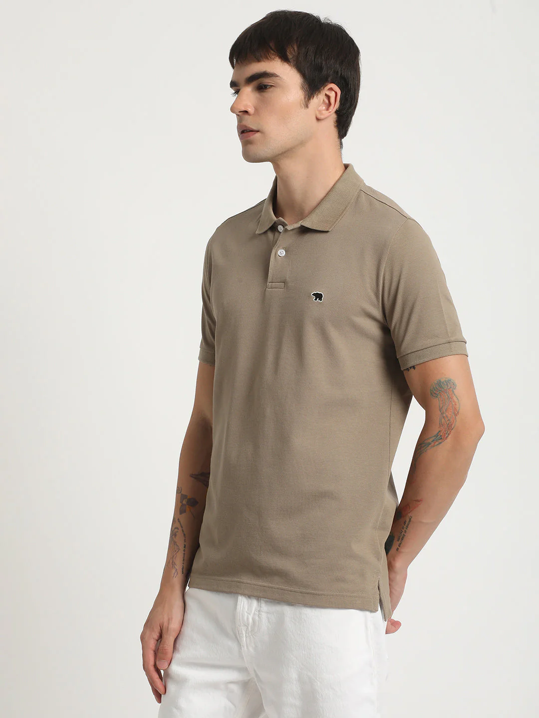 Men Beige Solid Slim Fit Pure Cotton Polo Collar T-shirt - Image 3