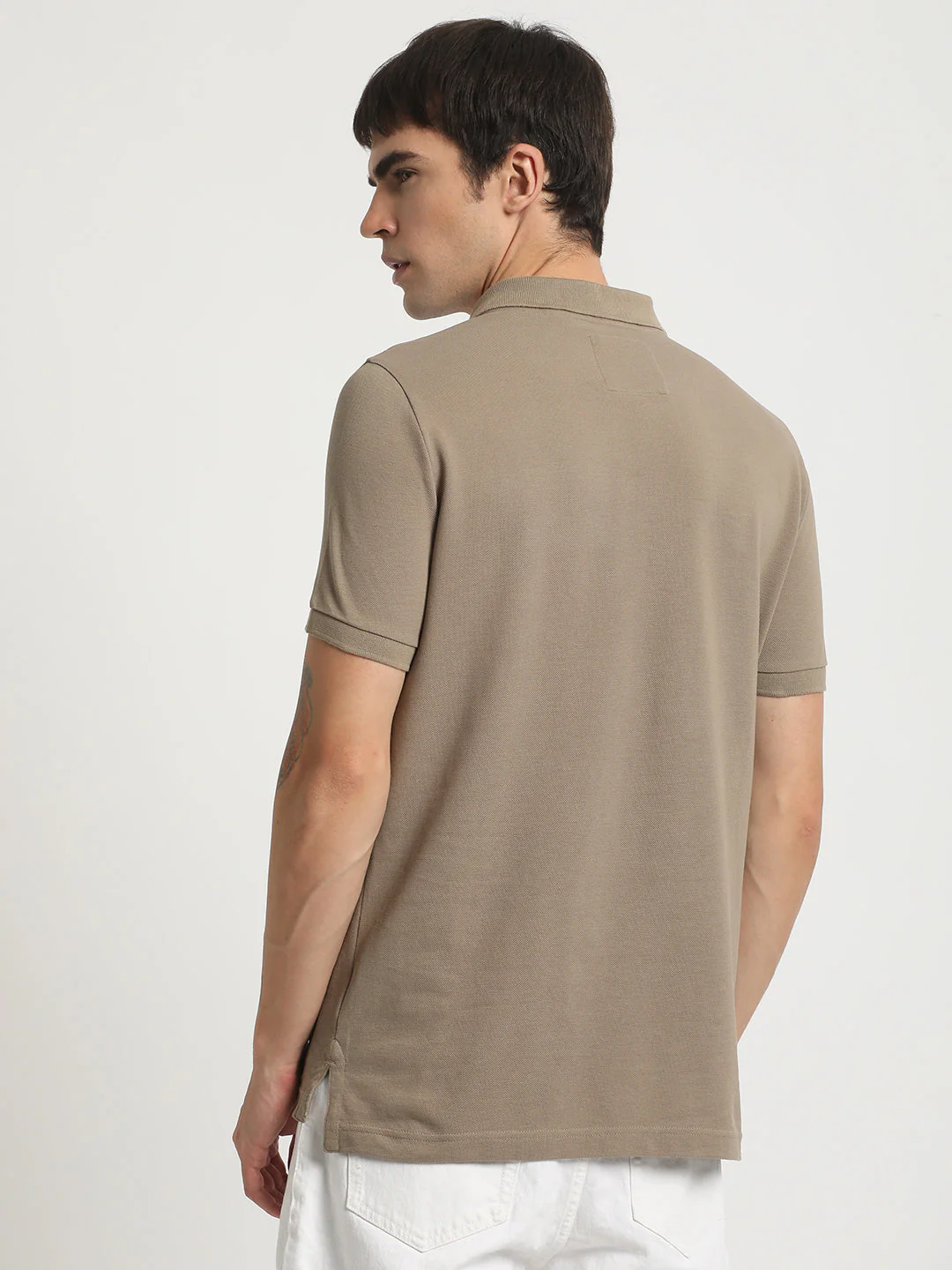 Men Beige Solid Slim Fit Pure Cotton Polo Collar T-shirt - Image 4