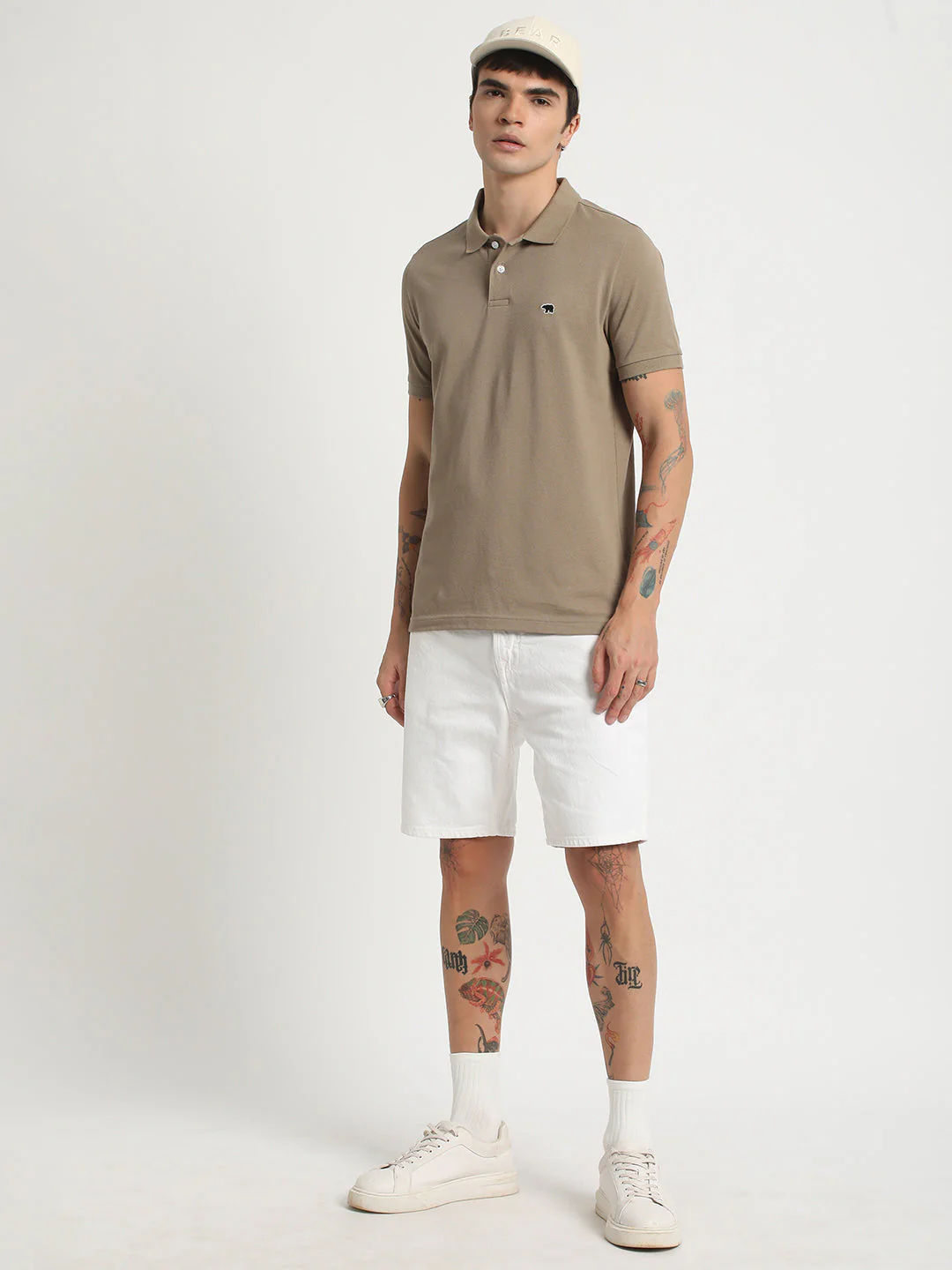 Men Beige Solid Slim Fit Pure Cotton Polo Collar T-shirt - Image 5