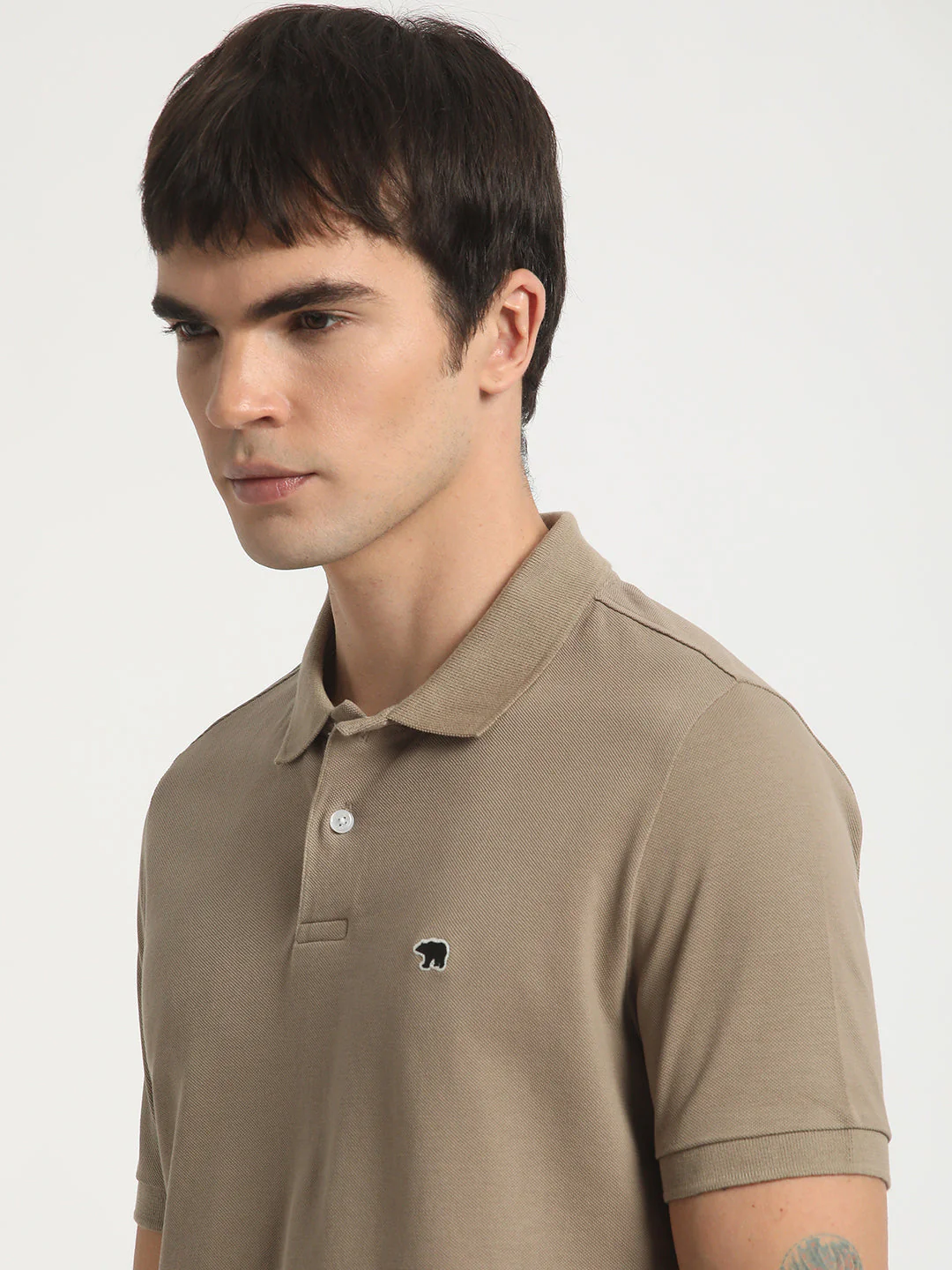 Men Beige Solid Slim Fit Pure Cotton Polo Collar T-shirt - Image 6