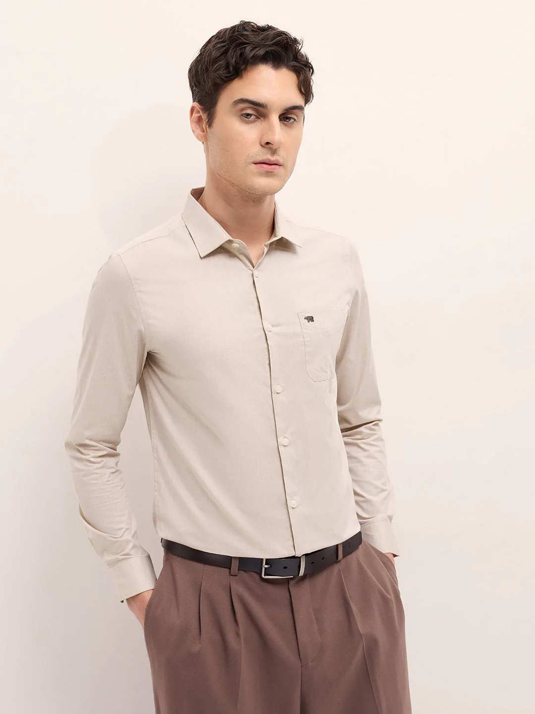 Men Beige Solid Tailored Fit Polyester Blend Formal Shirt