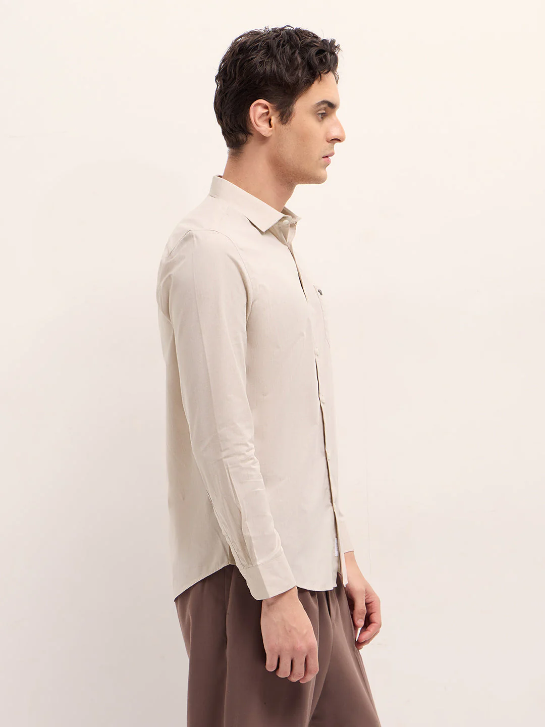 Men Beige Solid Tailored Fit Polyester Blend Formal Shirt - Image 3
