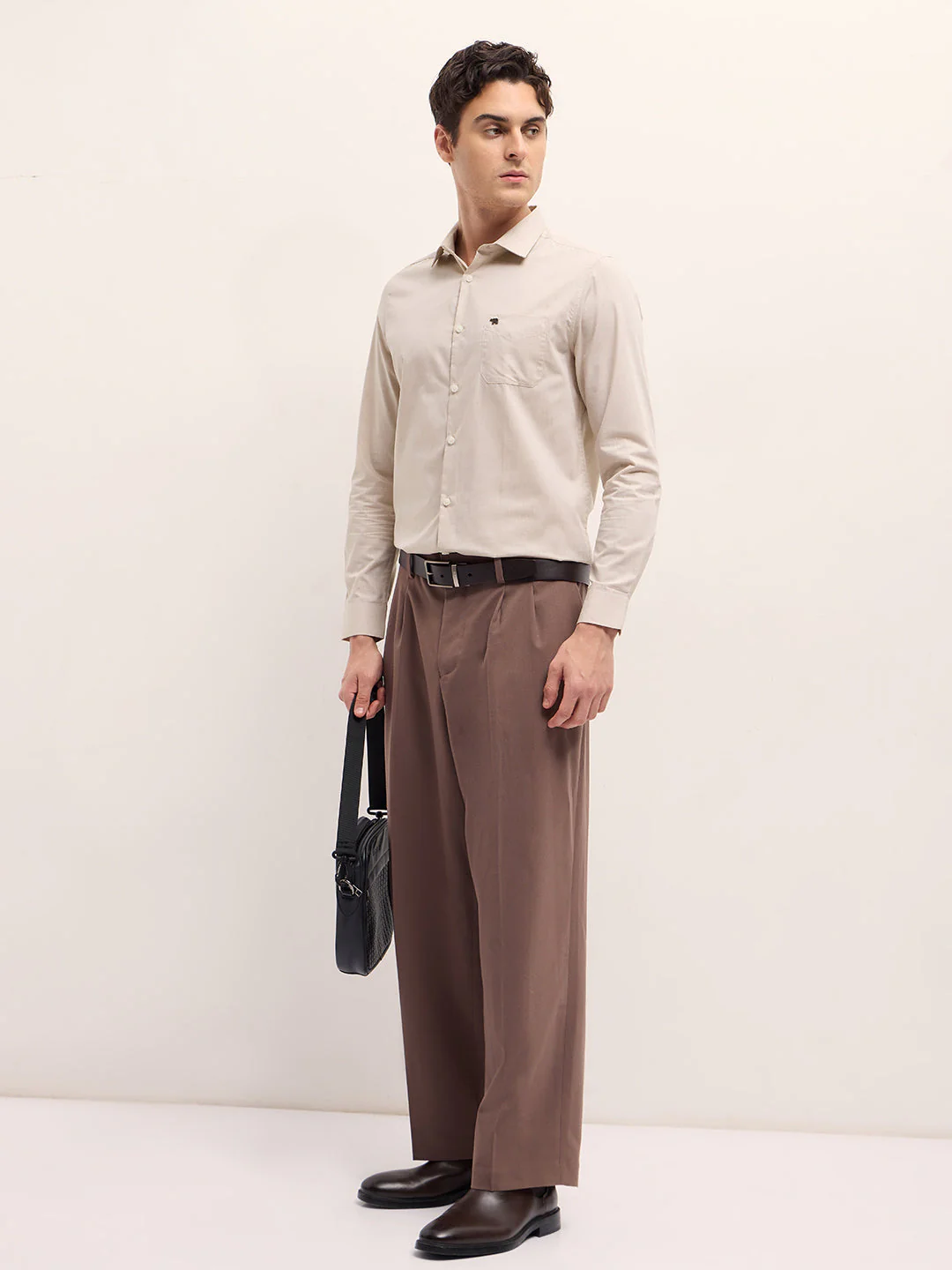 Men Beige Solid Tailored Fit Polyester Blend Formal Shirt - Image 4