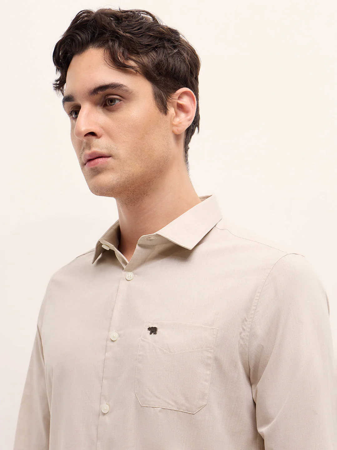 Men Beige Solid Tailored Fit Polyester Blend Formal Shirt - Image 5